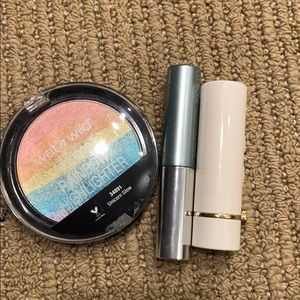 mascara  lip and wet and rainbow highlighter